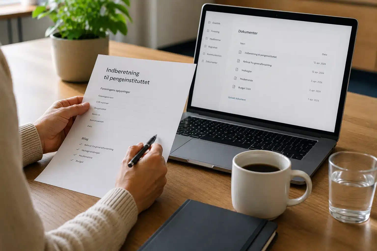 Person udfylder indberetning til pengeinstitut ved computer